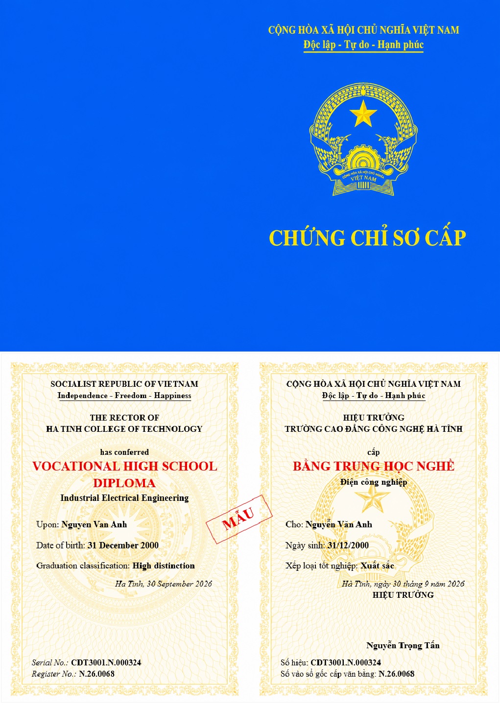 Mẫu Chứng chỉ Sơ cấp